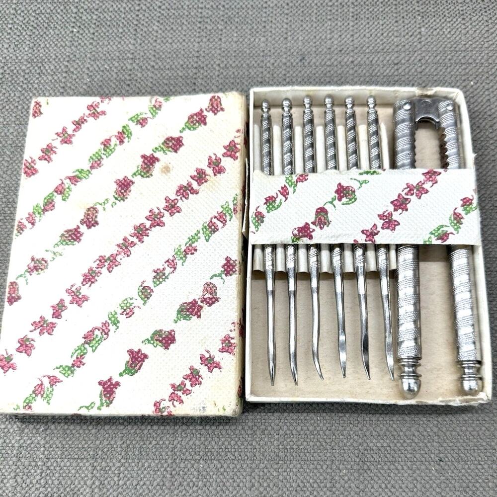 Vintage Nut Cracker & Pick Set HMQ Metal Tools in Original Floral Box MCM Decor